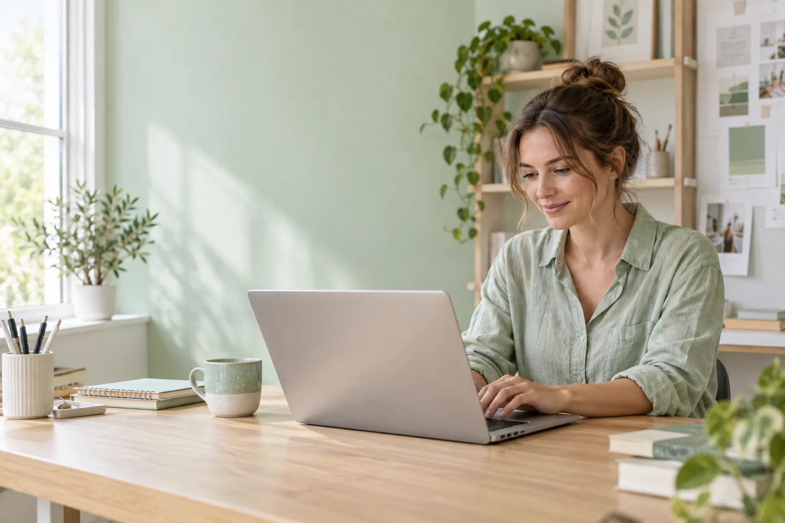 Illustrative business owner working at her laptop in a bright studio
