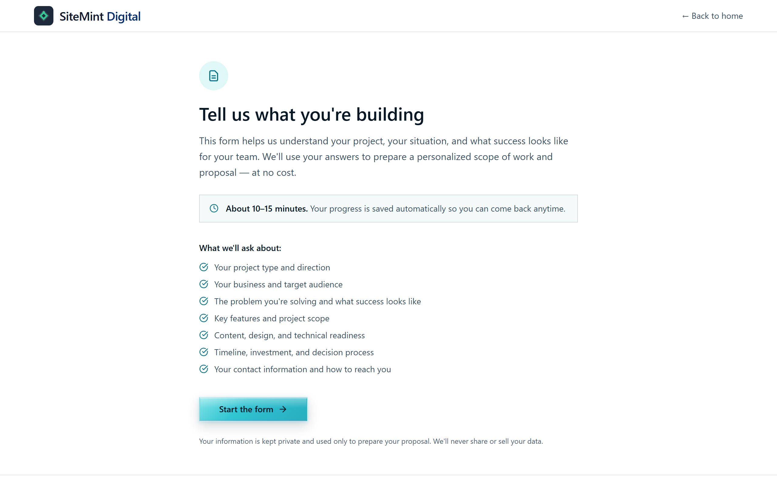 A structured discovery brief step, mid-flow, with save-and-resume progress