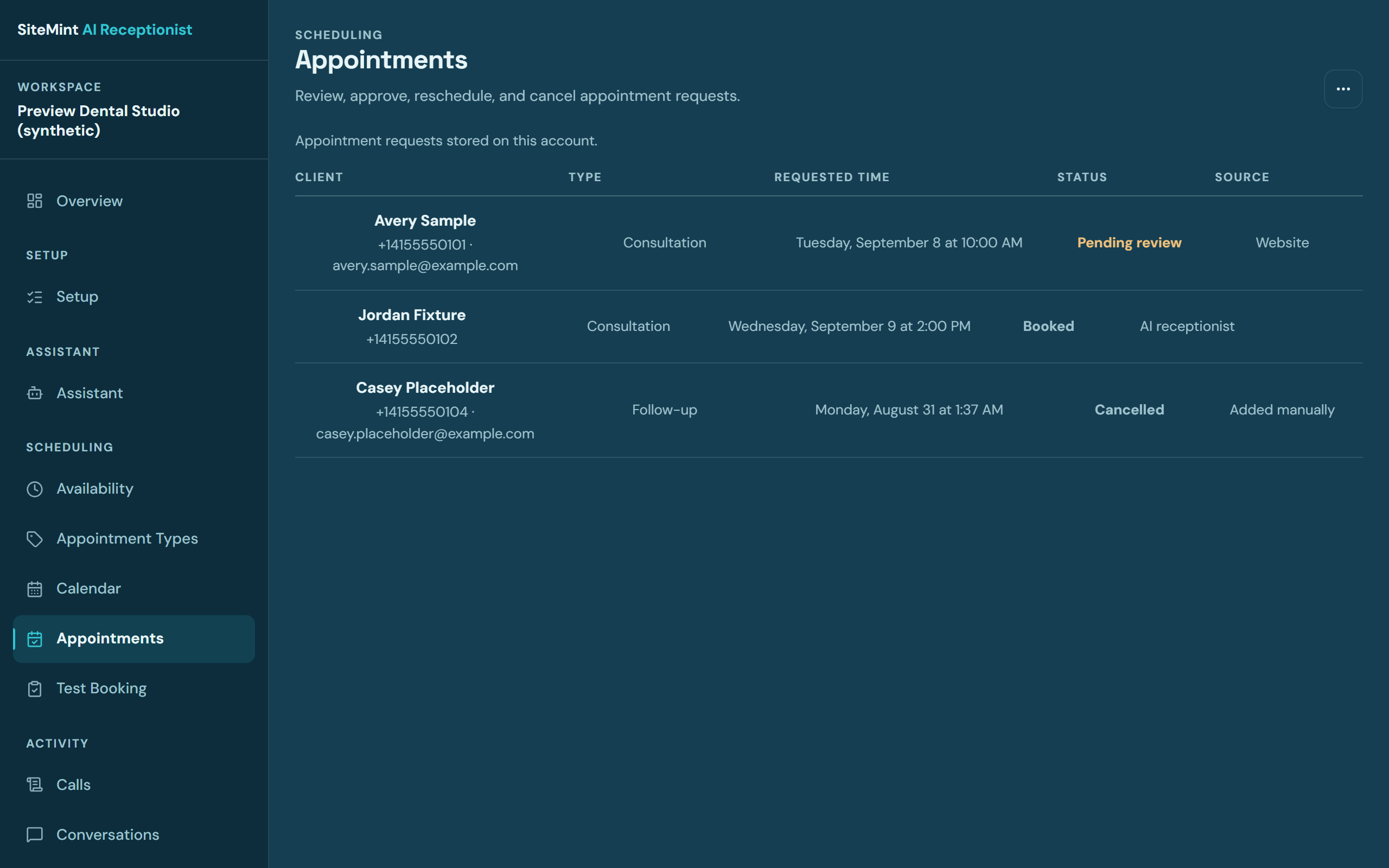 SiteMint dashboard appointments screen listing scheduled client appointments
