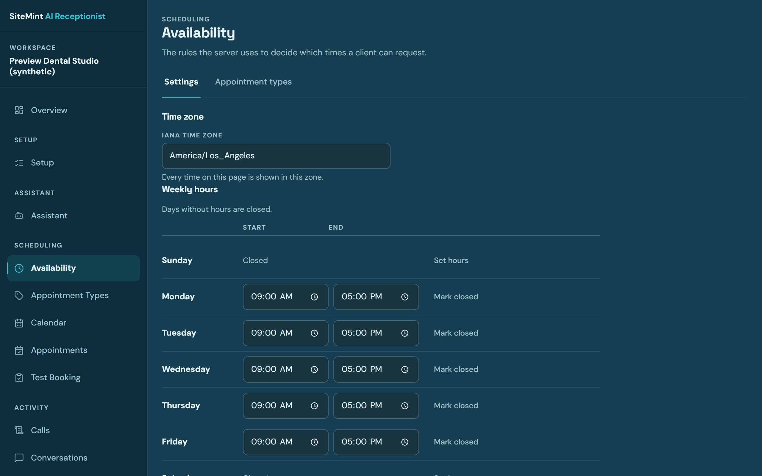 SiteMint dashboard availability screen showing open time slots on a calendar grid