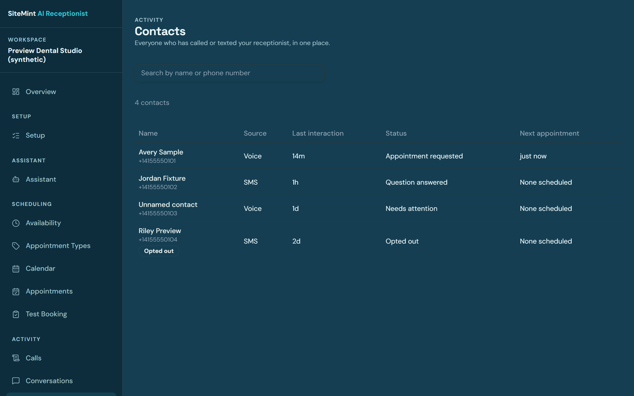 SiteMint dashboard contacts screen with synthetic contact records
