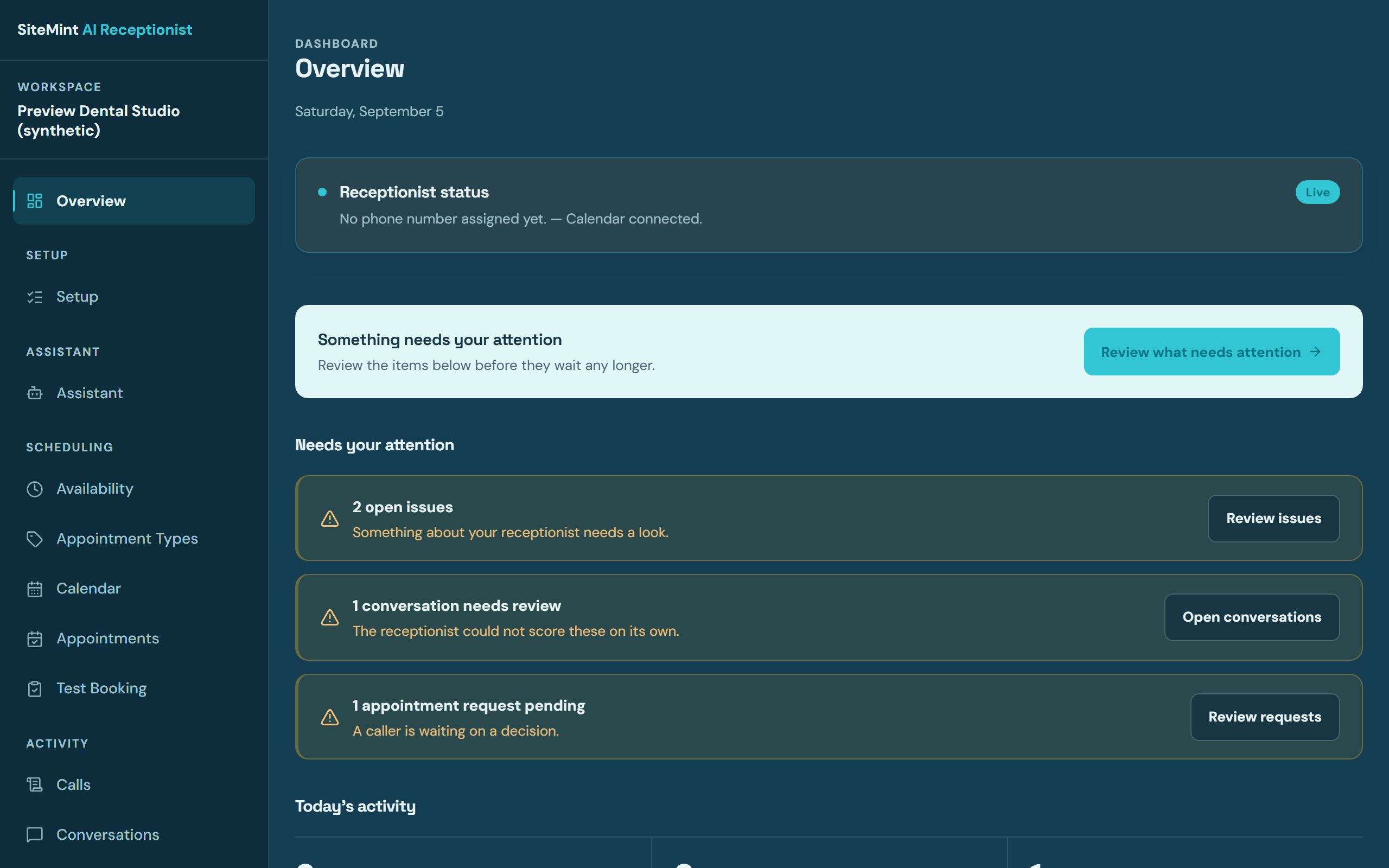 SiteMint dashboard overview screen with synthetic preview data