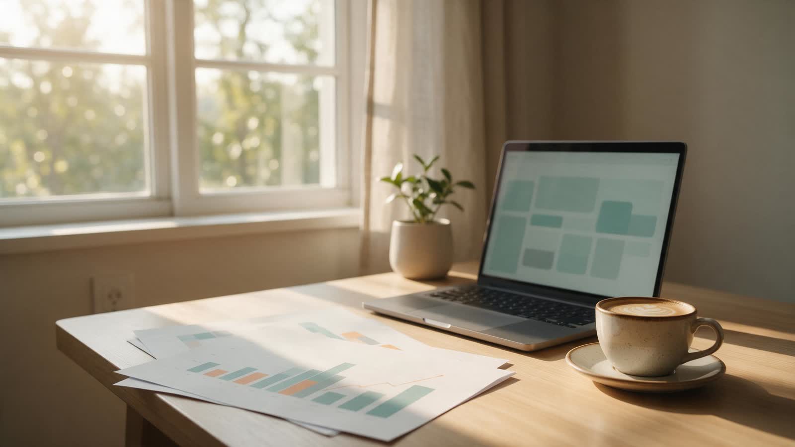 A marketing workspace with printed charts and an abstract analytics dashboard — generated illustration