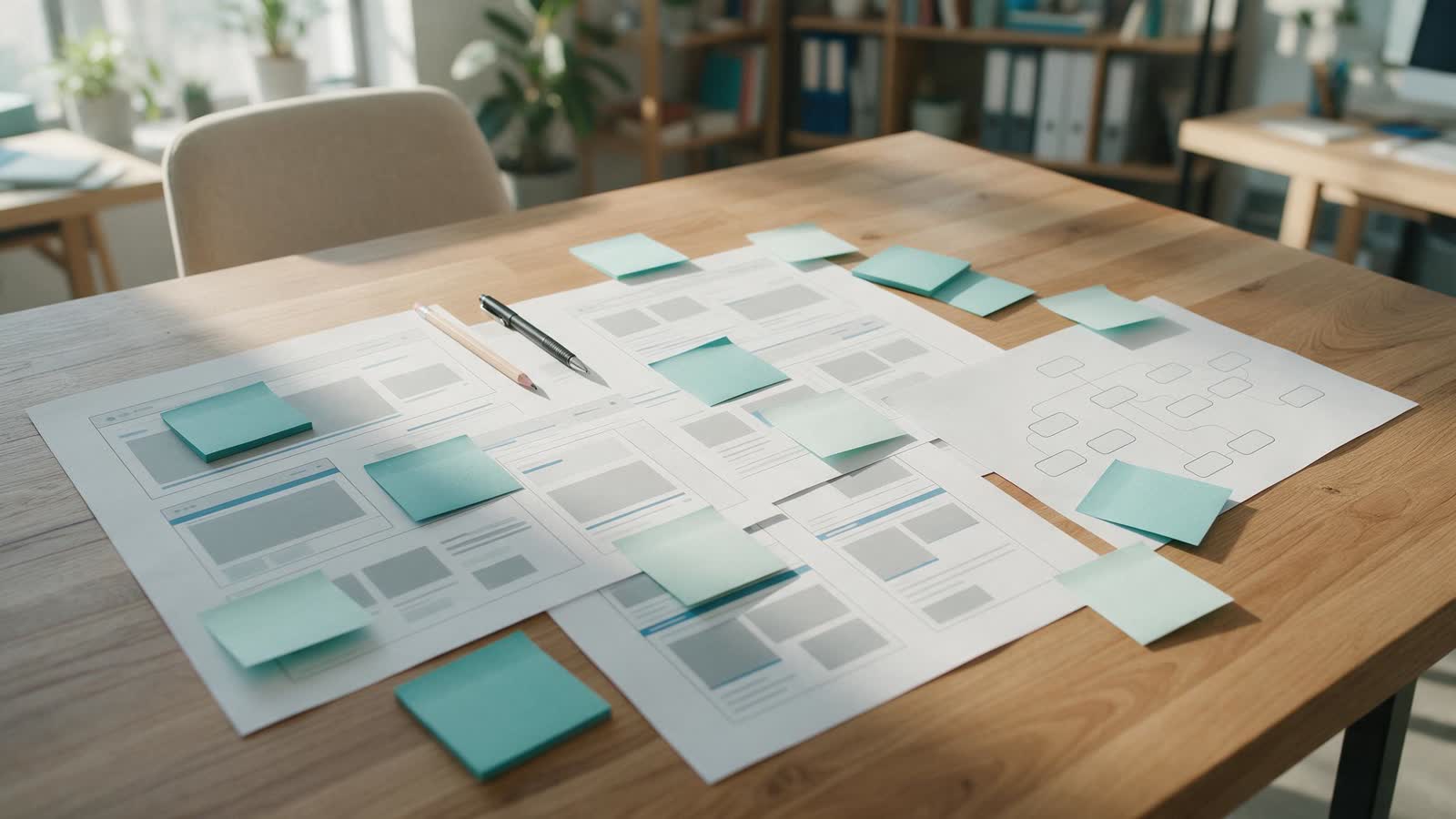 Printed website wireframes and a sitemap diagram laid out on a planning table — generated illustration