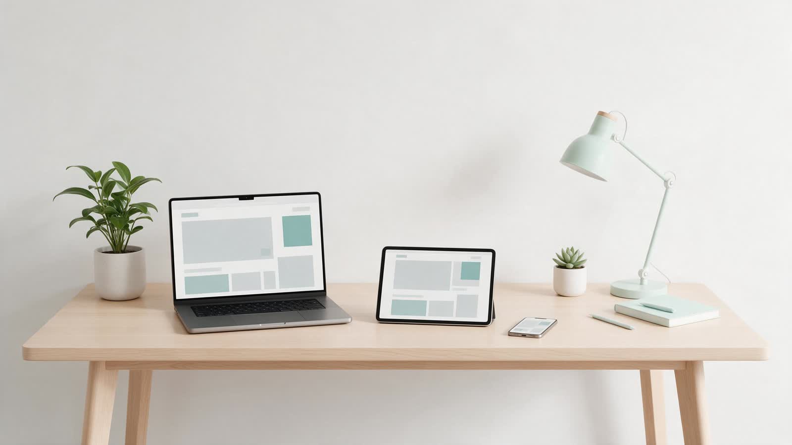 Laptop, tablet, and phone showing the same abstract layout at three sizes — generated illustration