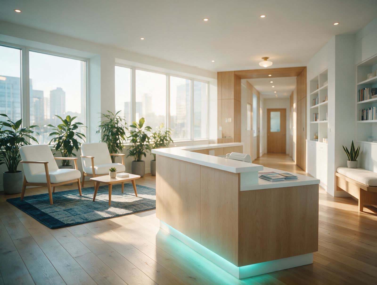 Calm clinic reception environment with a teal accent — generated illustration