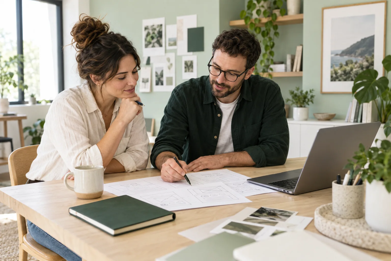 Illustration of a business owner and designer discussing goals with paper wireframes at a table