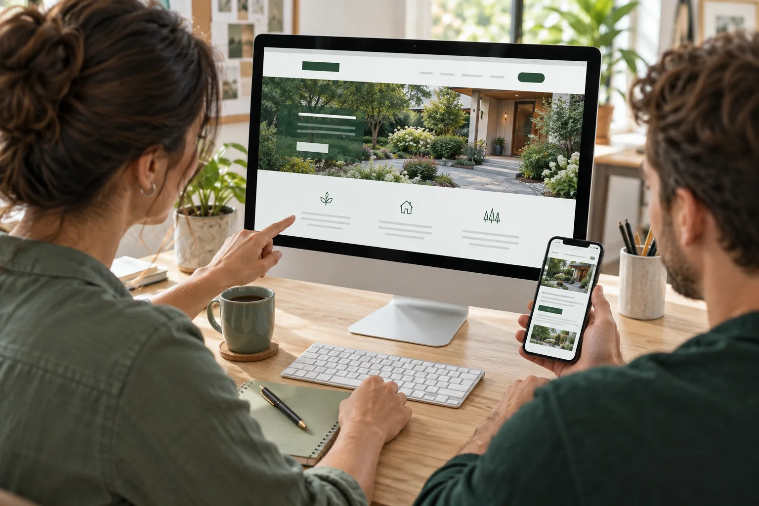 Illustration of a business owner and designer reviewing a website on desktop and mobile