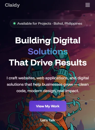 Claidy Taguran portfolio website homepage on a mobile screen