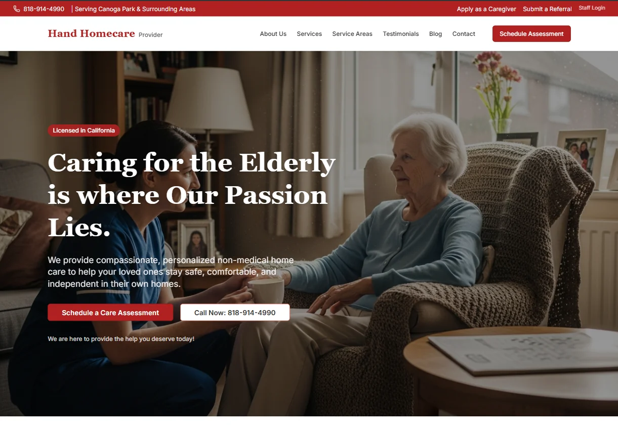 Hand Homecare website homepage on desktop, showing the elderly care hero section and service overview