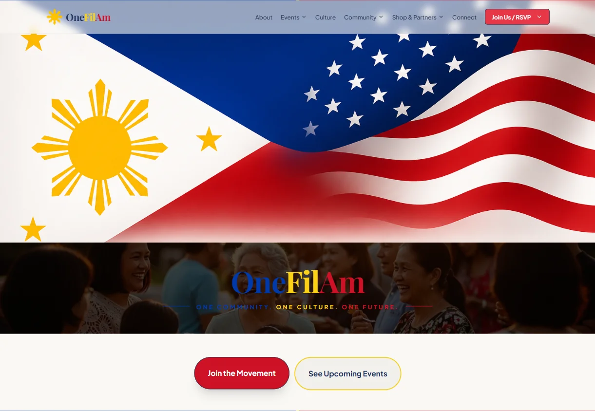 OneFilAm Community website homepage on desktop