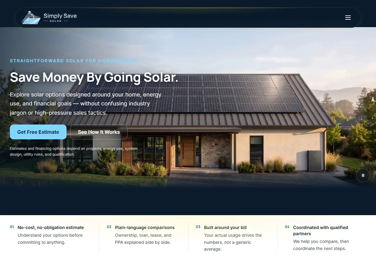 Simply Save Solar website homepage on desktop, showing the solar hero and the no-obligation estimate pathway
